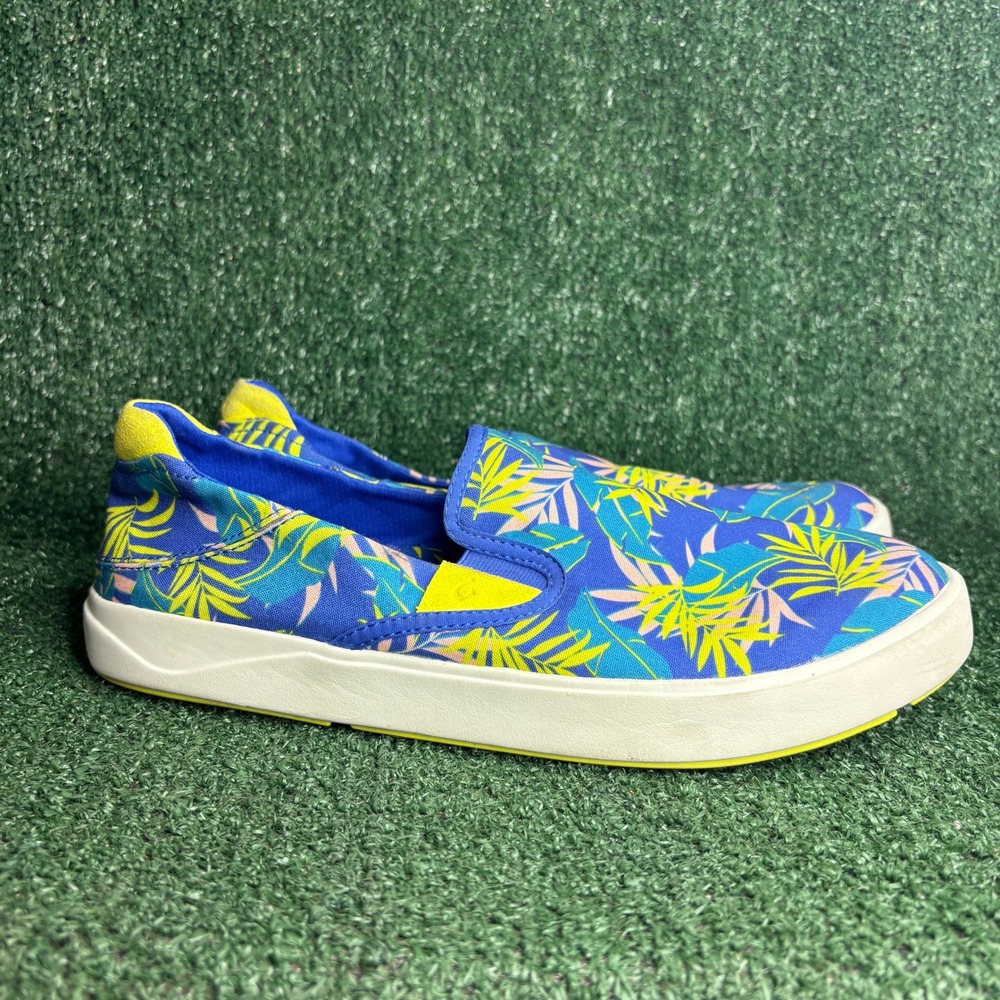 OluKai Lae'ahi Pa'i Tropical Leaf Print Slip On Island Sneaker Blue Mens Sz 11.5